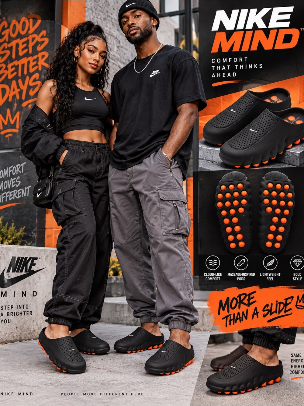 Nike Black Clog Slides with Orange Accent